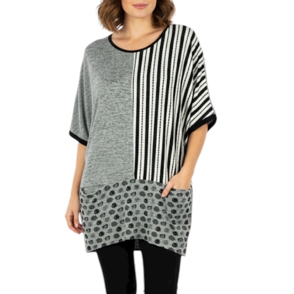 Miss Nikky Casual Geometric Mix Print Short Sleeve Longline Tunic Top XL Grey